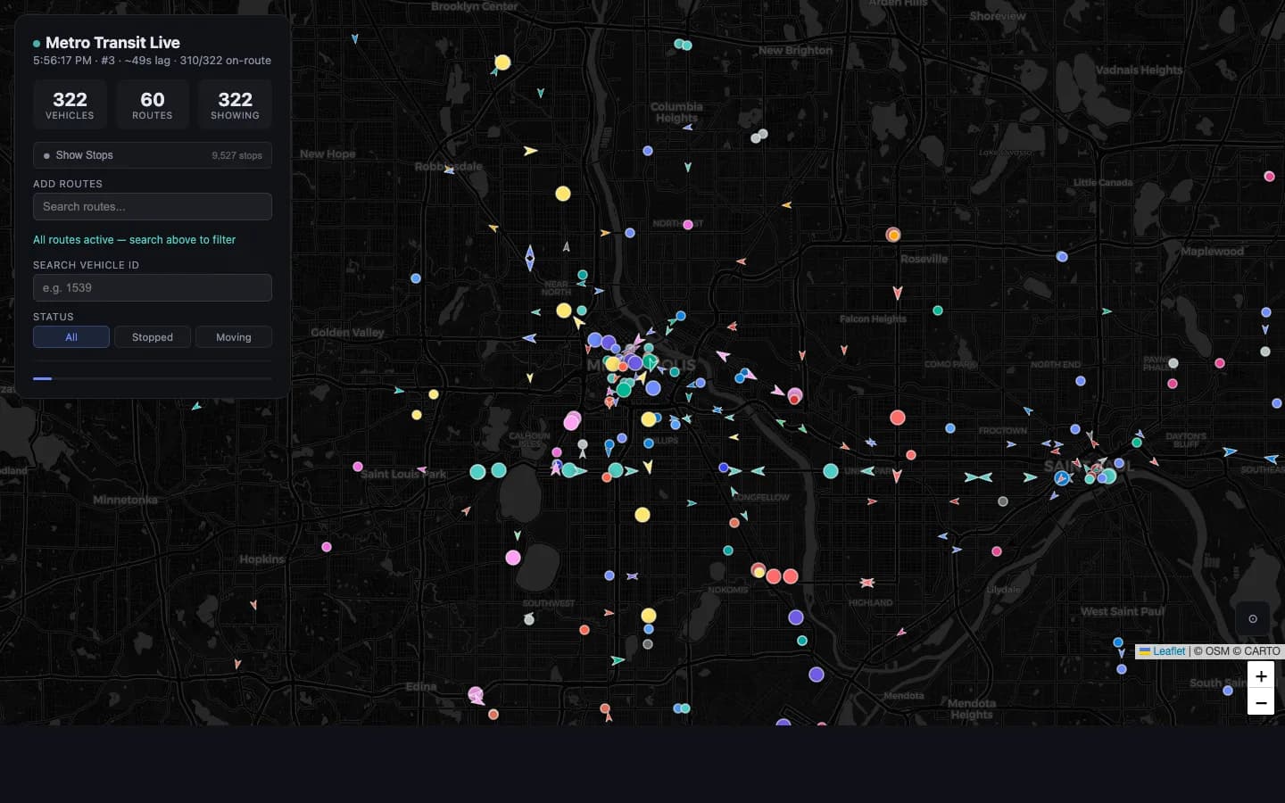 MetroTransitLive — A real-time vehicle tracker for Twin Cities Metro Transit. Decodes GTFS-RT proto